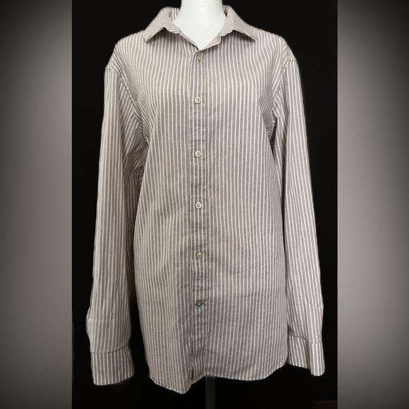 Crosby & Howard Taupe And White Striped Button Down Shirt - Picture 2 of 7